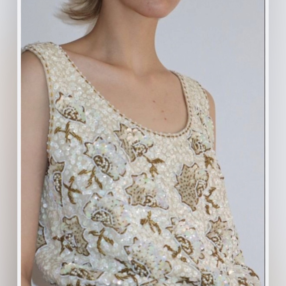 1950’s champagne vintage beaded  floral sequin beaded fringe hem
